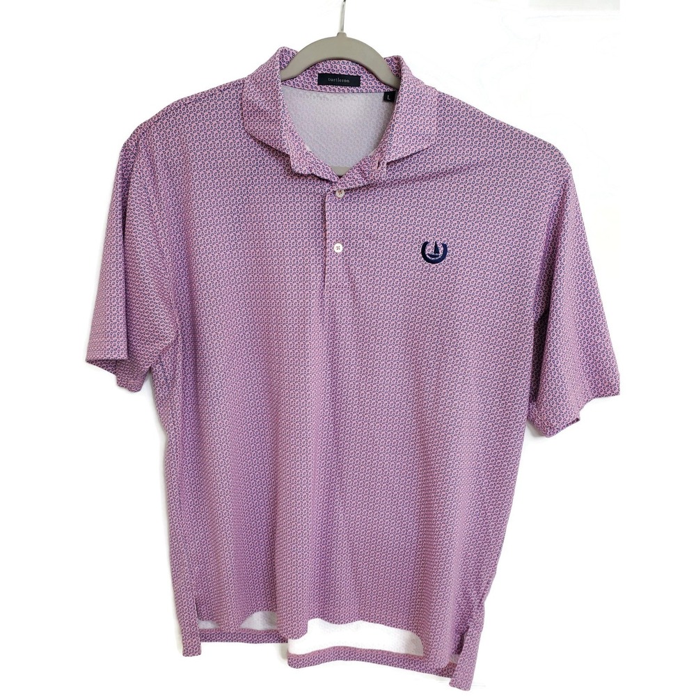 Turtleson Polo Shirt Mens Large Pink Blue Micro Print Golf‎ Stretch Short Sleeve